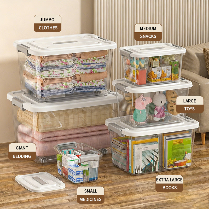 E-YAYUN N° 8866 Lot de 4 boîtes de rangement en plastique PP transparent renforcé avec couvercles, empilables, 50,4 x 37,6 x 28,8 cm