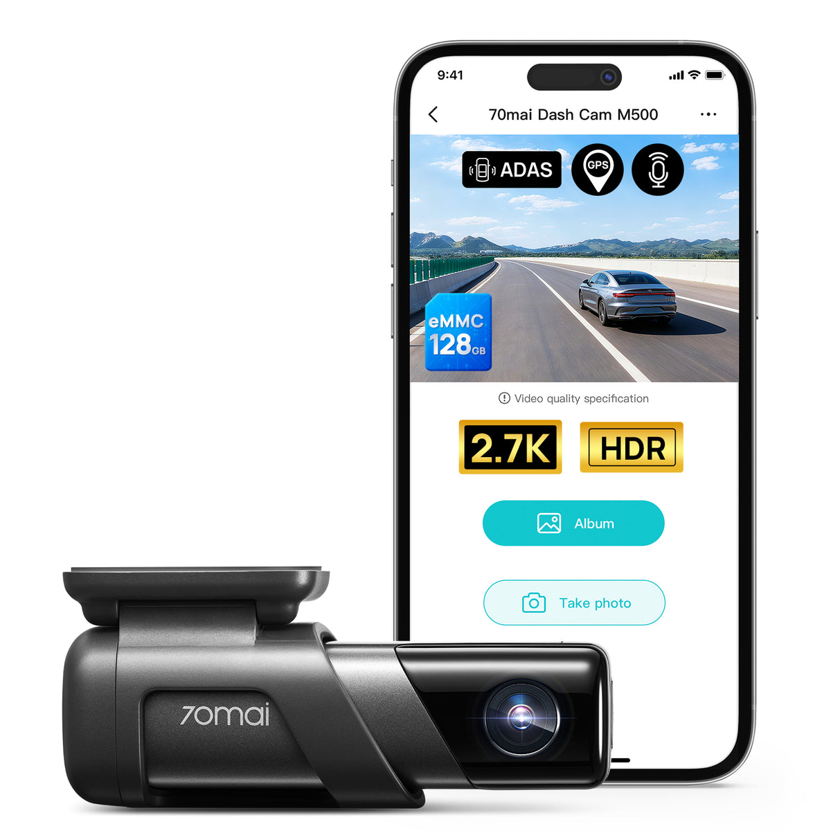70mai Caméra embarquée M500 Ultra HD 1944P Avec stockage eMMC 64 Go intégré, champ de vision ultra-large 170°, vision nocturne HDR, GPS intégré et suivi d'itinéraire, ADAS
