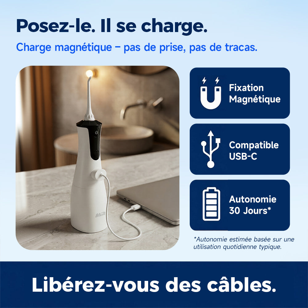 BAIR CARE Hydropulseur dentaire portable M4, Mode pulvérisation pressurisée, Autonomie 30 jours, Rechargeable USB, 4 modes de nettoyage, Étanche IPX7