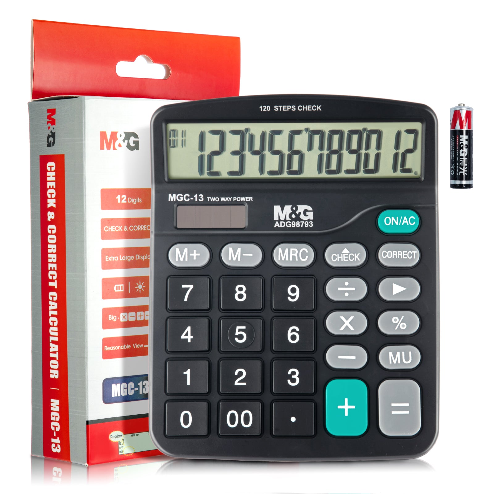M&G Calculatrice de bureau 12 chiffres avec grand écran LCD, fonction de vérification et de correction, double alimentation solaire et batterie - Noir