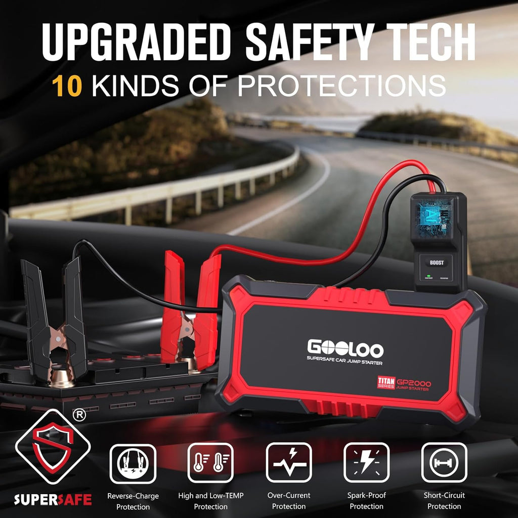 Démarreur de voiture GOOLOO GP2000 et batterie externe, 2000A, boosteur 12V extrêmement sûr, portable, pour moteurs à essence de 8,0L et à diesel de 6,0L