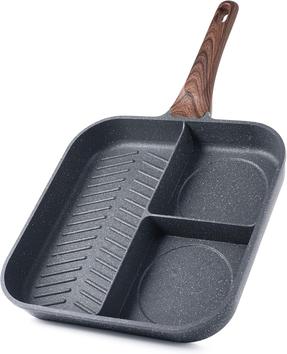 SENSARTE Poêle grillée antiadhésive à séparateurs, 3 sections, polyvalente pour petit-déjeuner, poêle grillée carrée durable, poêle gril à steak, sans PFOA, PFOS ni APEO
