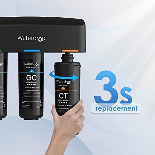 Système de Filtration d’Eau Sous Évier Waterdrop TSA à 3 Étapes 0,5 Micron, Certifié NSF/ANSI 42, Élimine 99,99 % du Plomb, Chlore, Chloramine, Fluor, et les Mauvaises Odeurs, Raccordement Direct