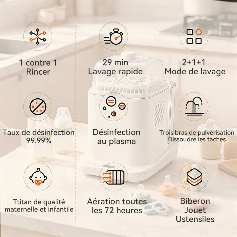 GORGENOX Lave-biberon et stérilisateur entièrement automatique avec séchage 2-en-1, stérilisation à la vapeur, pulvérisation à trois bras améliorée, purification au plasma, Modèle : D20