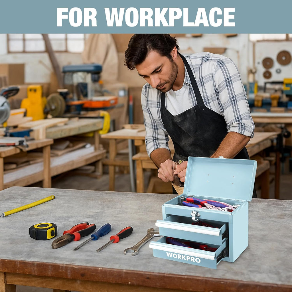 WORKPRO Boîte à outils portable en métal avec 2 tiroirs et espace de rangement supérieur, Bleu clair, 27,5 x 15 x 20,8 cm, Organiseur de table avec tiroirs et poignée pour bureau