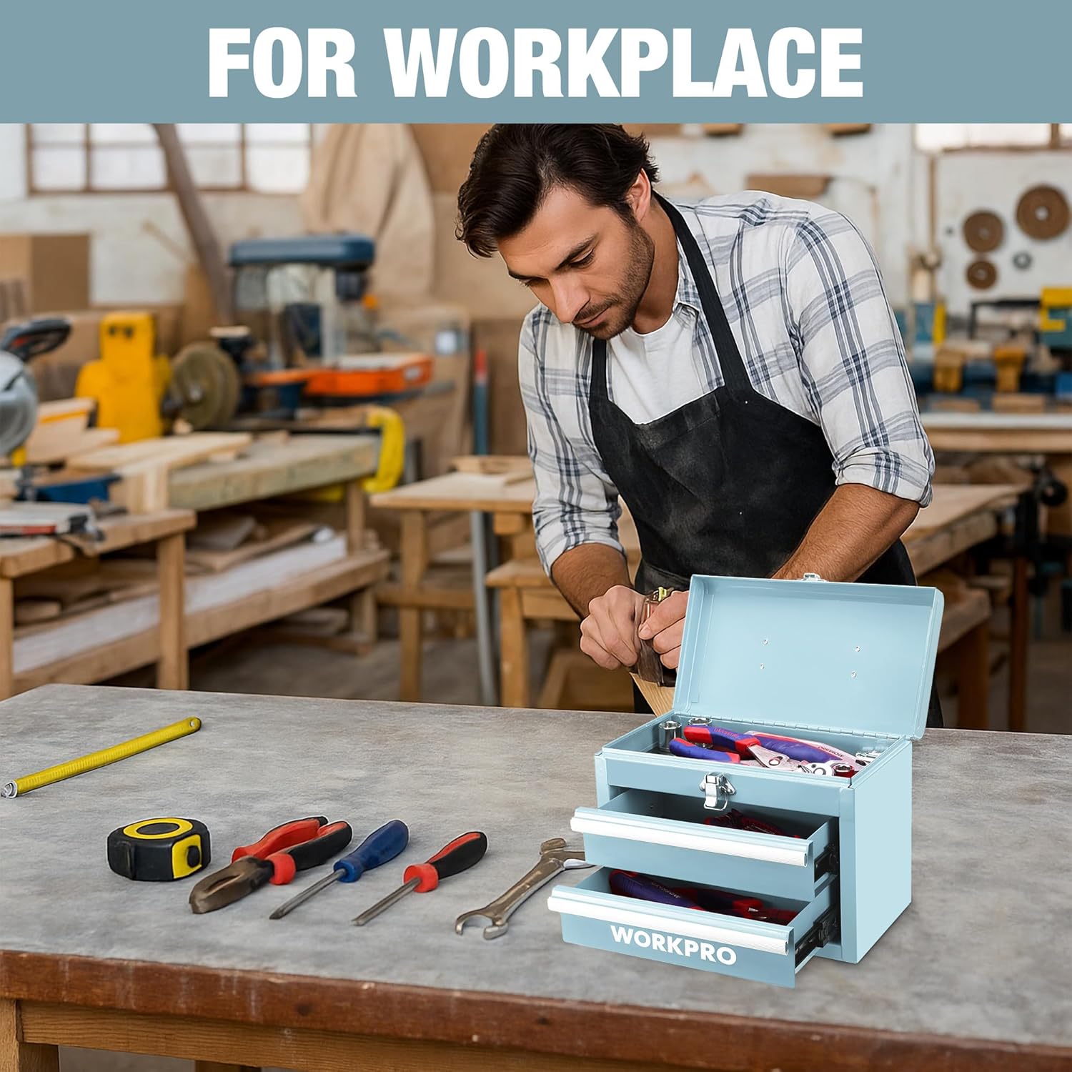 WORKPRO Boîte à outils portable en métal avec 2 tiroirs et espace de rangement supérieur, Bleu clair, 27,5 x 15 x 20,8 cm, Organiseur de table avec tiroirs et poignée pour bureau