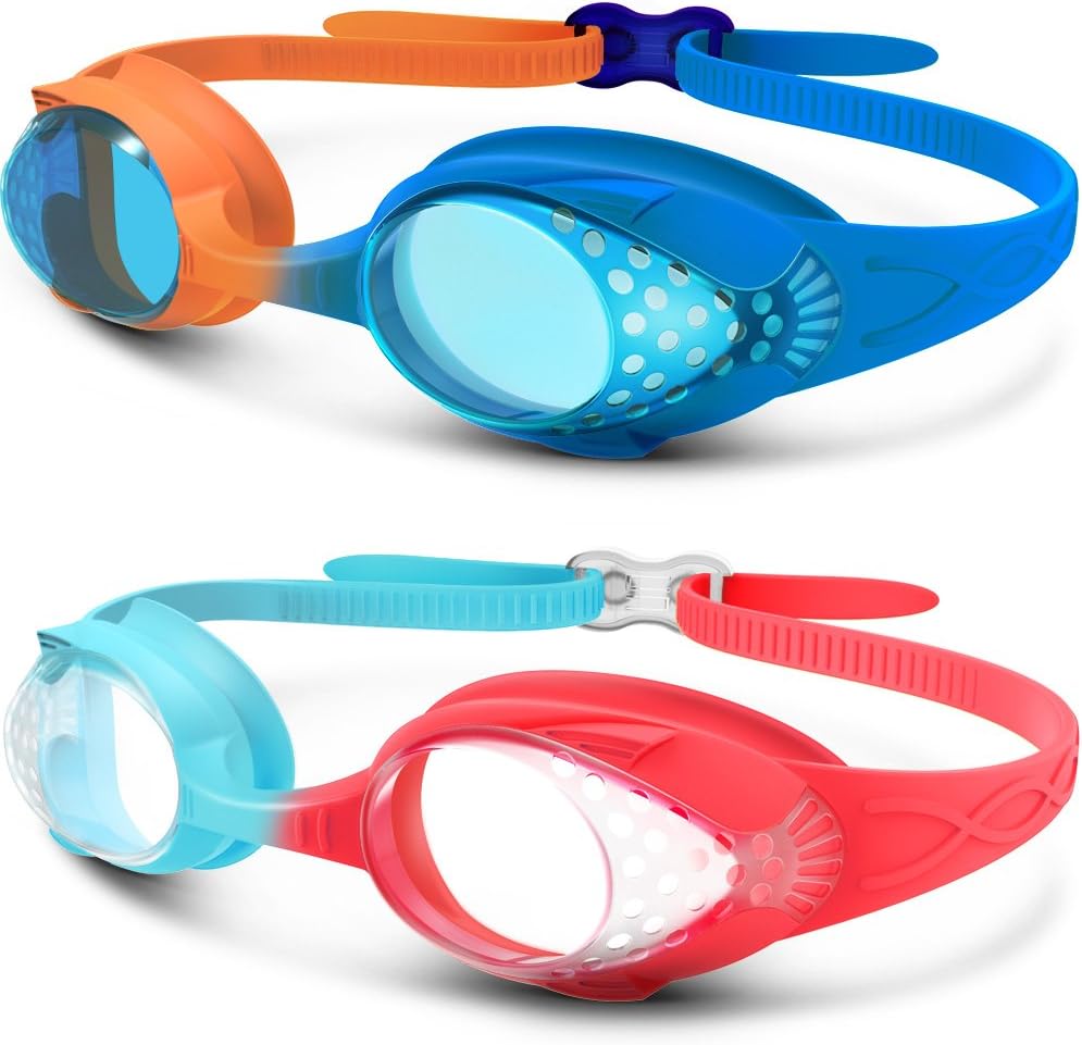 OutdoorMaster Lot de 2 lunettes de natation pour enfants - Lunettes de natation à sangle rapidement réglable pour enfants, Orange et bleu + Bleu et rouge