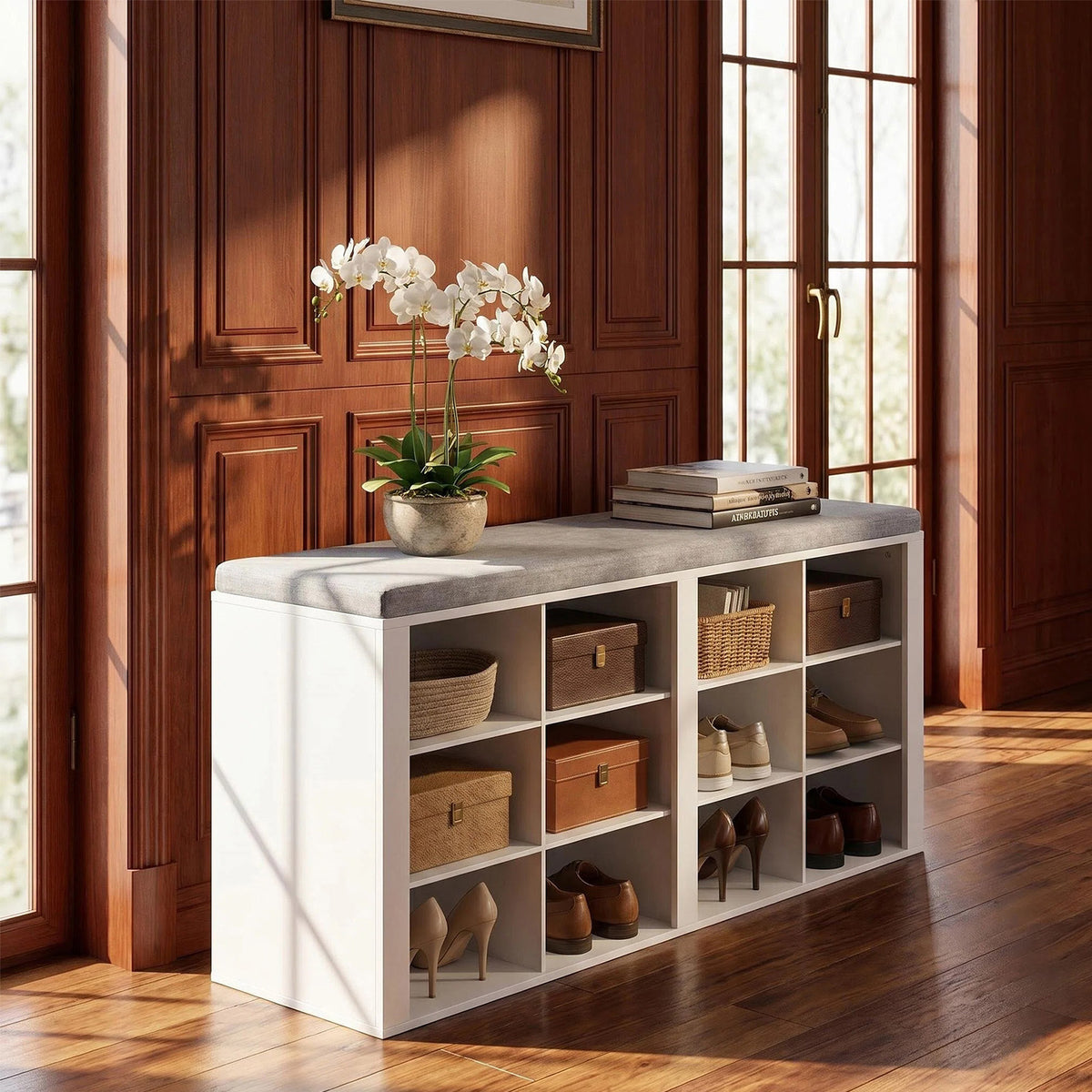 HaluPeit Banc à chaussures avec assise, meuble à chaussures avec banc et 12 compartiments, banc d'entrée avec étagères réglables pour le salon, la chambre ou le couloir, blanc et gris