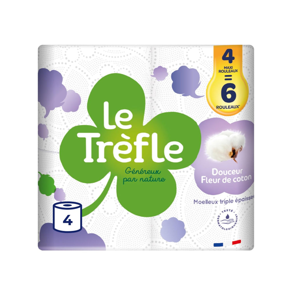 LE TRÈFLE Douceur Fleur de Coton Papier Toilette 3 Épaisseurs Lotion au Coton, 4 Rouleaux