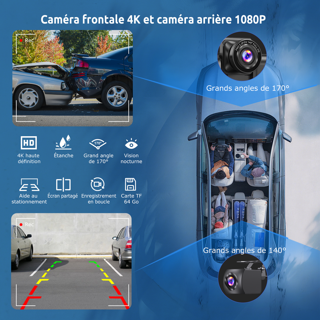 ESSGOO Écran CarPlay HD portable 10,26 pouces, CarPlay sans fil, Android Auto et recopie d'écran, caméra embarquée avant 4K intégrée + caméra de recul AHD 1080P