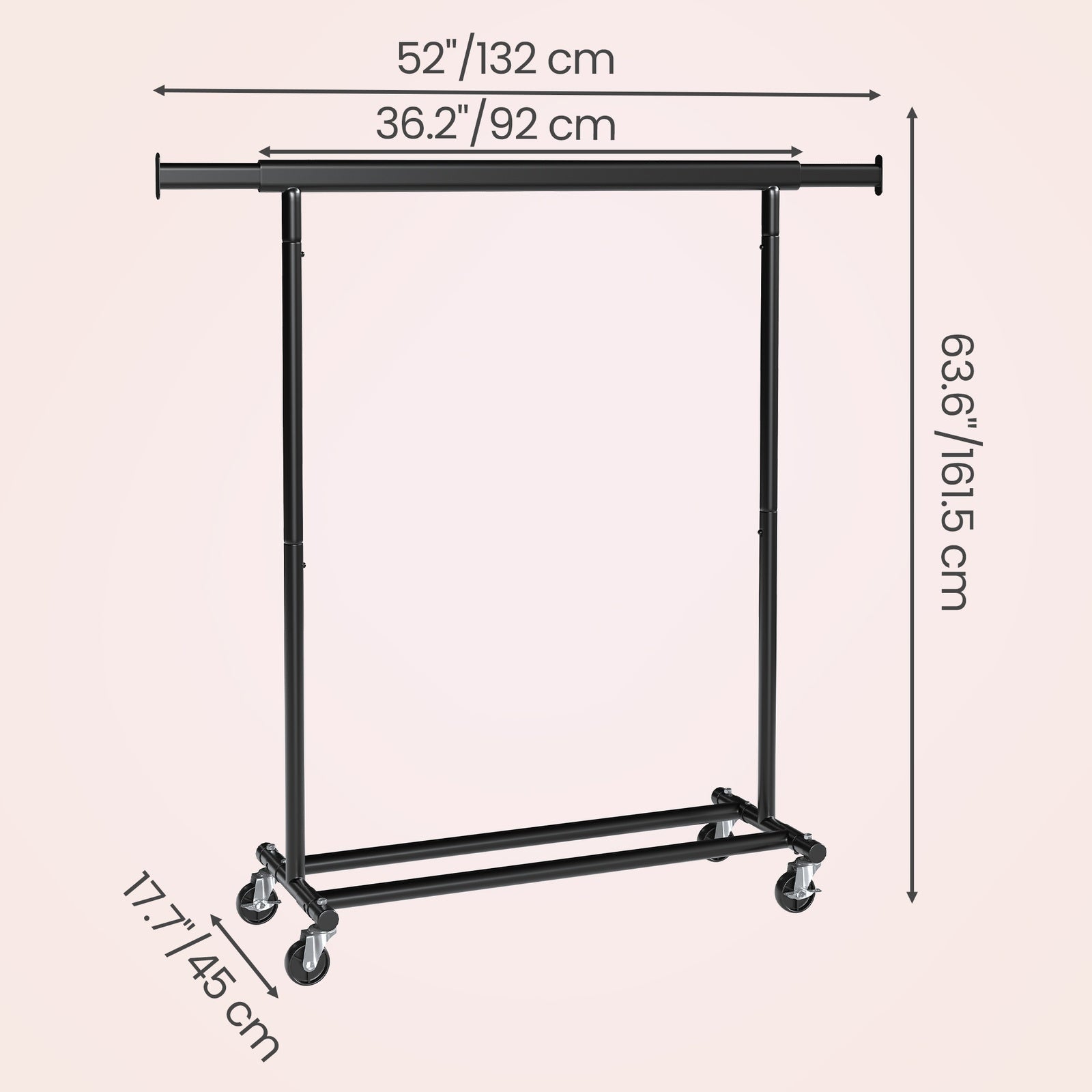 JOYFURNOS Portant à Vêtements sur Roulettes, Tringle à Vêtements Robuste, 45 x (92-132) x 161,5 cm, avec Tringle Extensible, Capacité de Charge 100 kg, Portable, Noir