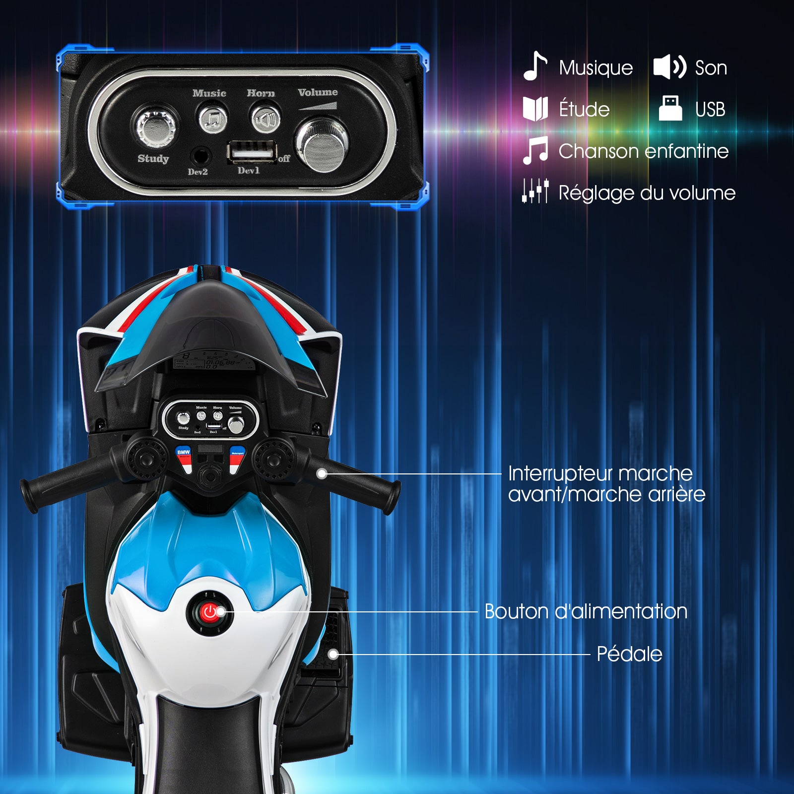 Costway Moto électrique pour enfants à 3 roues avec musique, 82,5 × 42 × 54 cm, Bleu