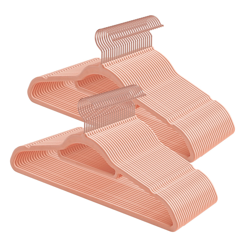 JOYFURNOS Lot de 50 cintres en velours de luxe – Or Rosé & Rose Clair, longueur 43,5 cm, ultra-fin 0,6 cm – antidérapants, gain de place
