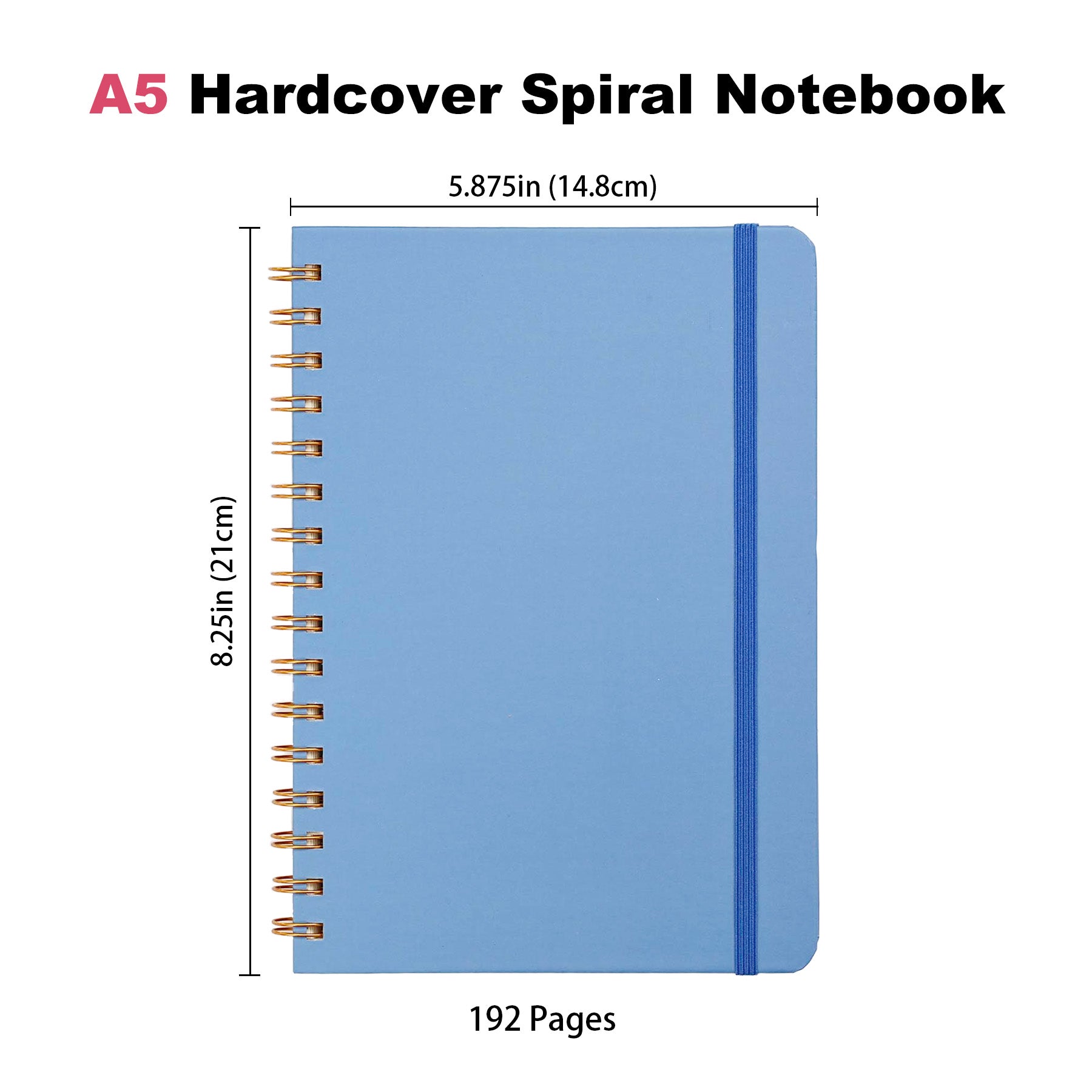Jubiluu Carnet ligné A5 à spirales et couverture rigide - 96 feuilles (papier offset 100 g), avec bande élastique - Journal ligné crème classique pour écriture, école