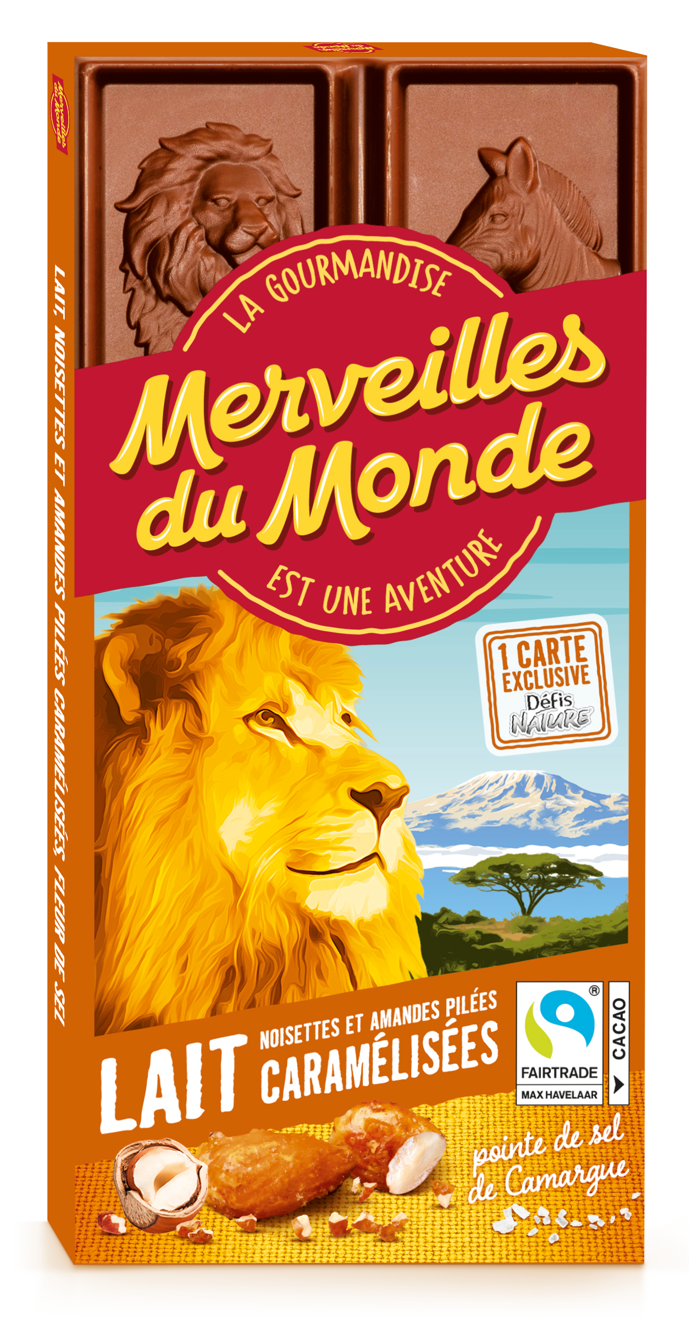 Merveilles du Monde Lait, Amandes et Noisettes pilées caramélisées & Pointe de sel - 100g