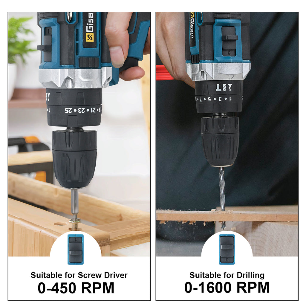 GISAM Perceuse-visseuse à percussion sans fil 25+3 réglages de couple 2 vitesses batterie lithium-ion outils électroportatifs