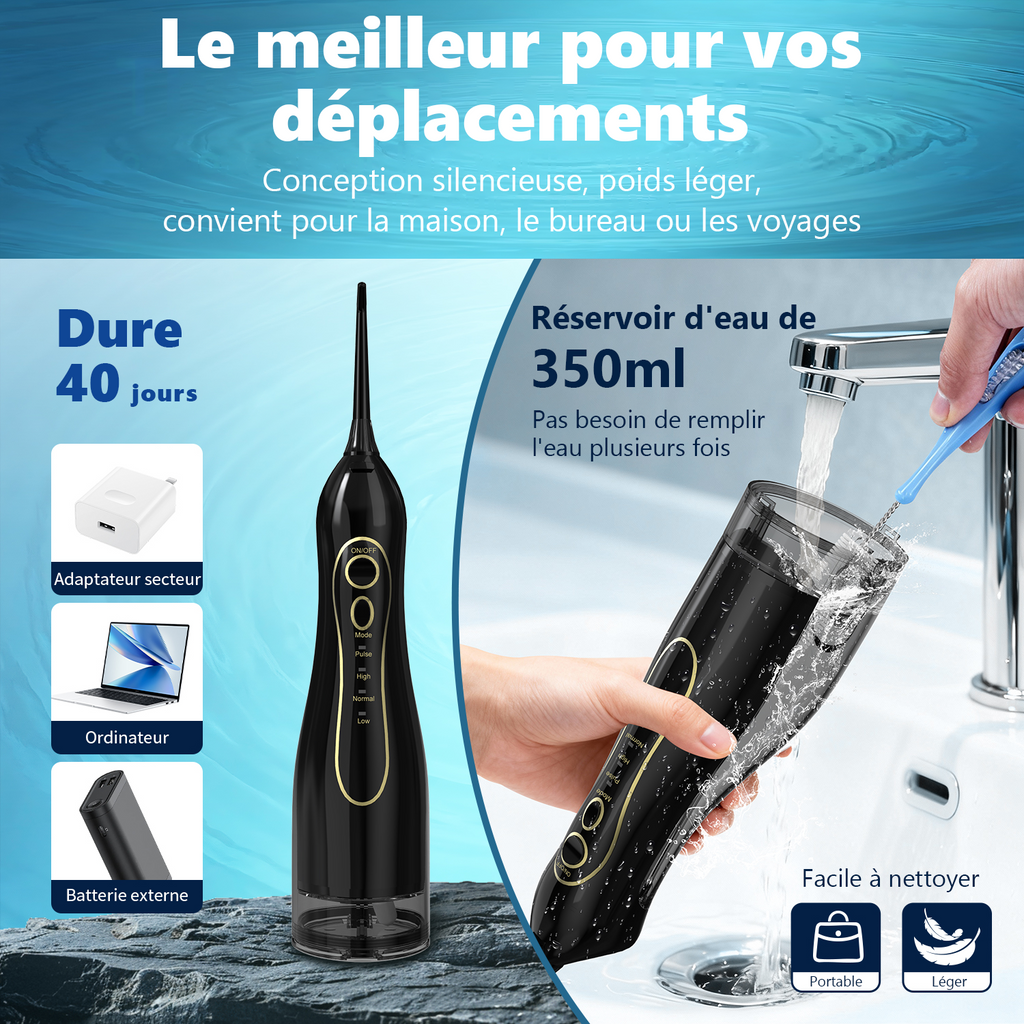 Sunluxy Hydropulseur dentaire portable sans fil, forte pression d’eau 140 PSI, 5 modes, buse rotative 360°, grand réservoir 300 ml, autonomie 40 jours, équipé de 4 types de buses, F5 Noir