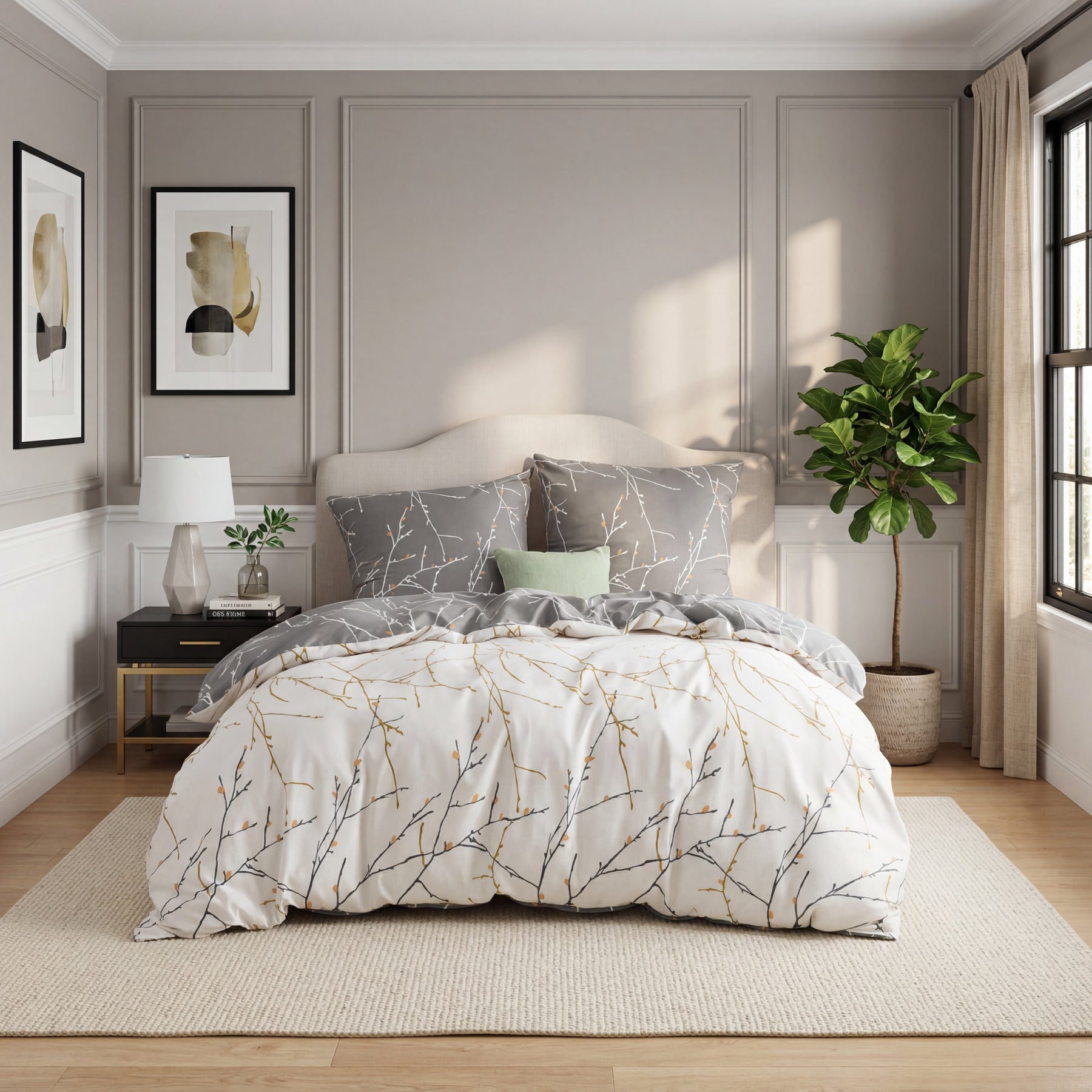 Ensemble avec housse de couette en microfibre et taie d’oreiller de 80 x 80 cm - Design chic et élégant, Microfibre, gris/beige, 200x200cm, 90% Polyester