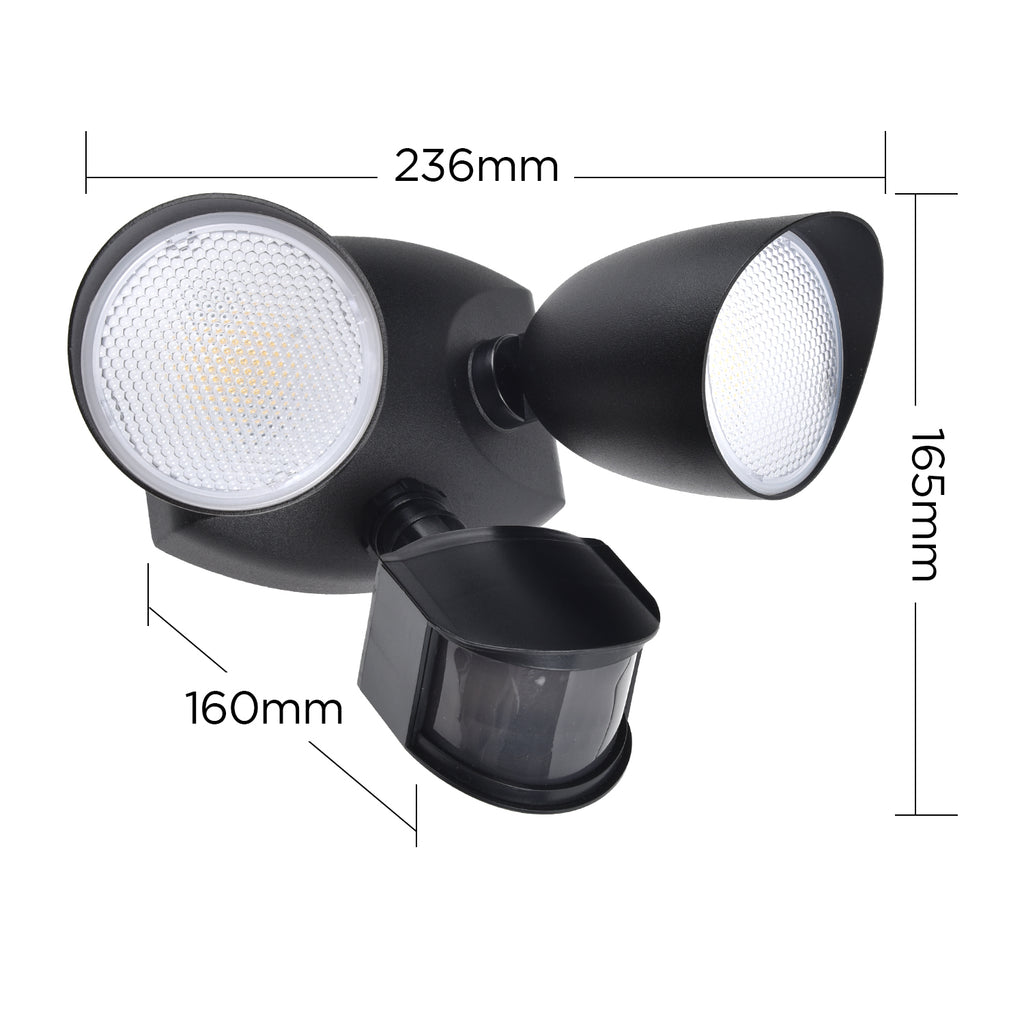 Projecteur de Sécurité LED LUTEC 20W 1700LM 4000K avec Capteur – Double Tête Intégrée pour Extérieur, Terrasse, Jardin, Cour – Noir