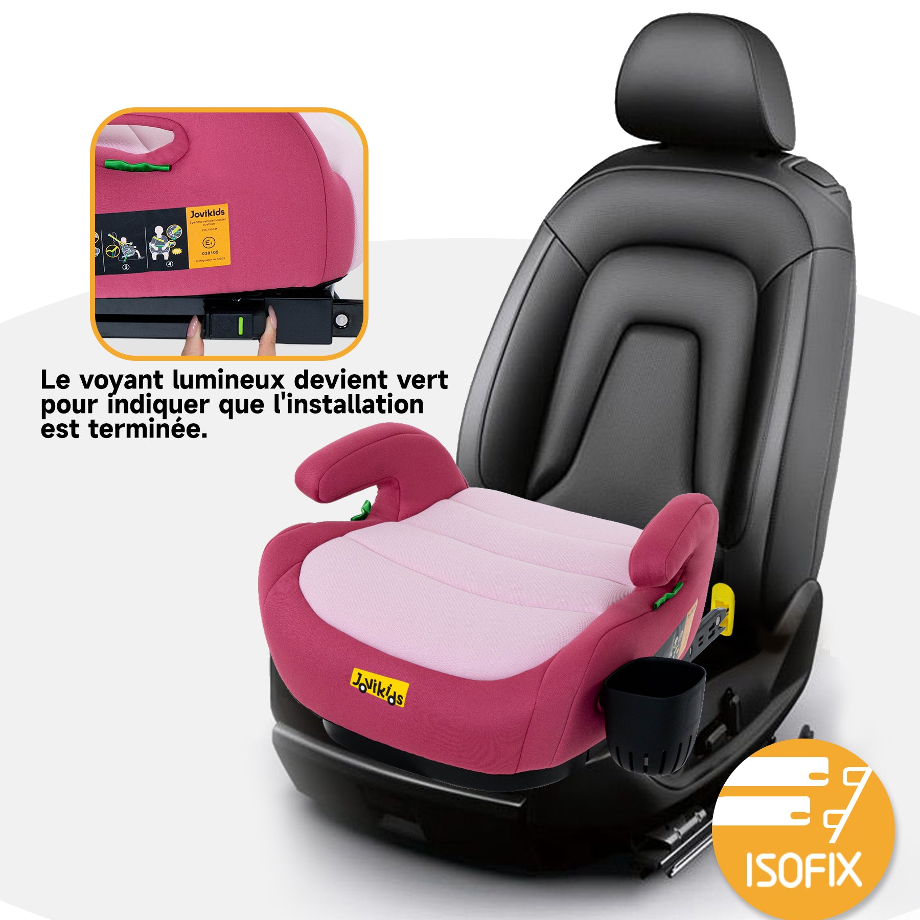 Jovikids OHHO +ISOFIX Siège auto rehausseur pour enfant, ECE R129, pour groupes 2/3 (env. 15–36 kg), avec rembourrage en tissu épaissi, facile à nettoyer et porte-gobelet