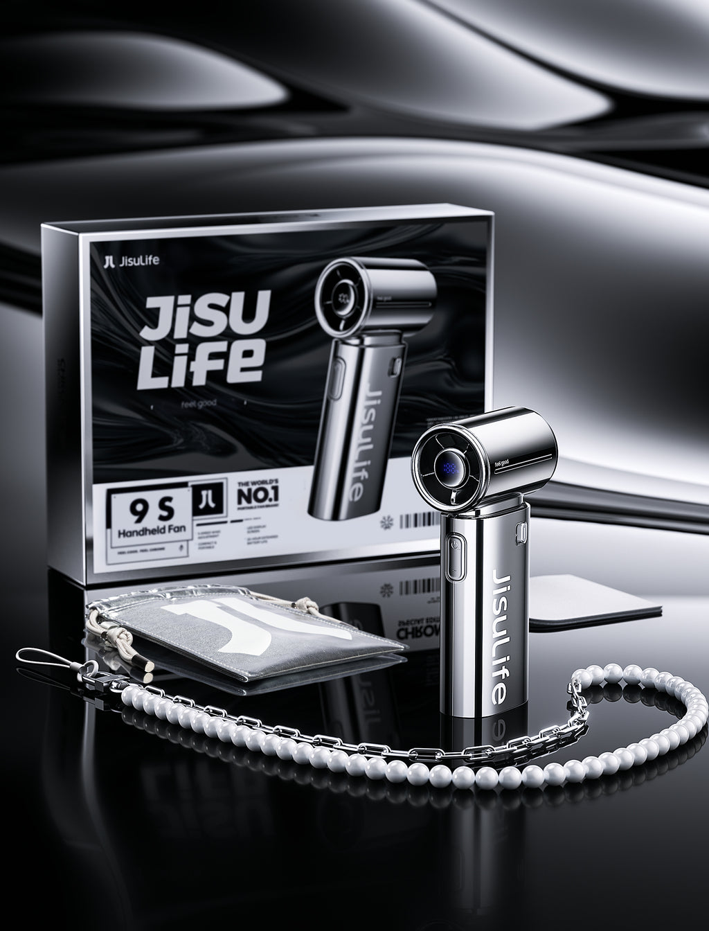 JISULIFE Life9S Ventilateur à Main Portable Haute Vitesse avec Flux d'Air Turbo à 9 Pales, Batterie Rechargeable 5000 mAh, Écran LED et 5 Réglages de Vitesse - Argent