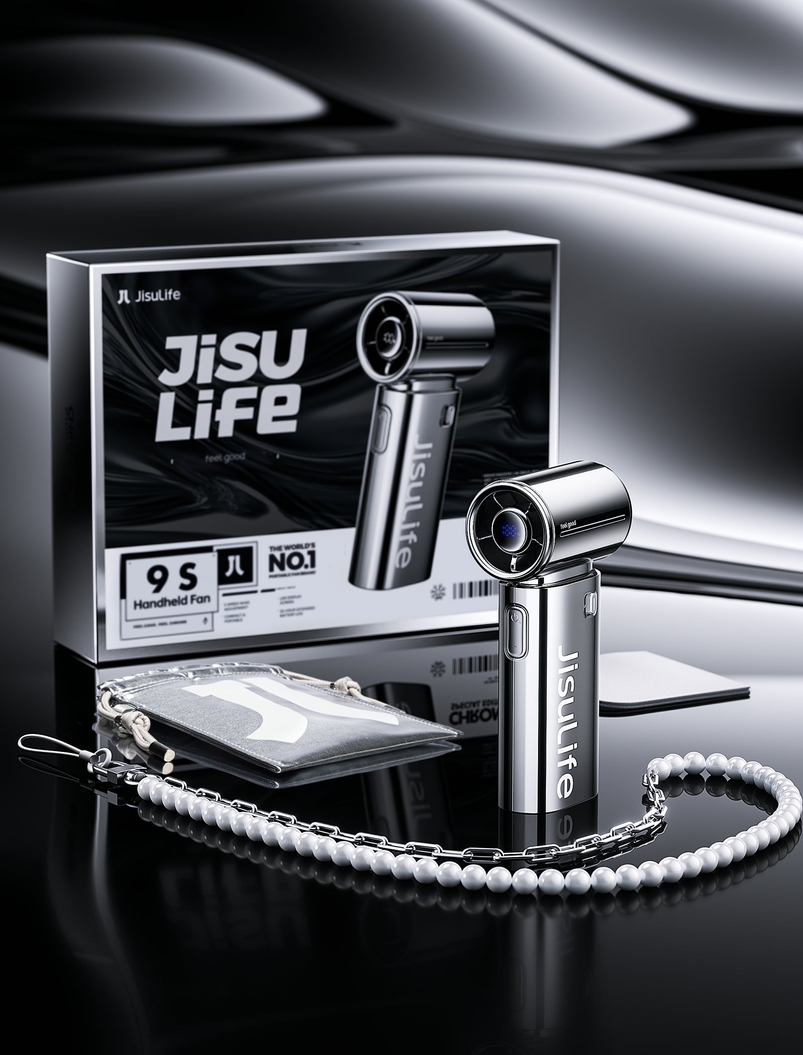 JISULIFE Life9S Ventilateur à Main Portable Haute Vitesse avec Flux d'Air Turbo à 9 Pales, Batterie Rechargeable 5000 mAh, Écran LED et 5 Réglages de Vitesse - Argent