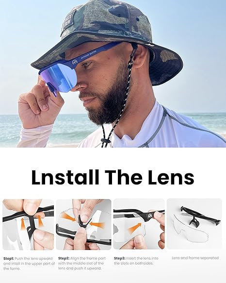 OutdoorMaster Hawk HD Lunettes de soleil de sport polarisées TR90 pour la pêche, le baseball, la voile, le golf et la conduite - Monture bleu foncé, verre gris avec Revo Blue, VLT 17 %