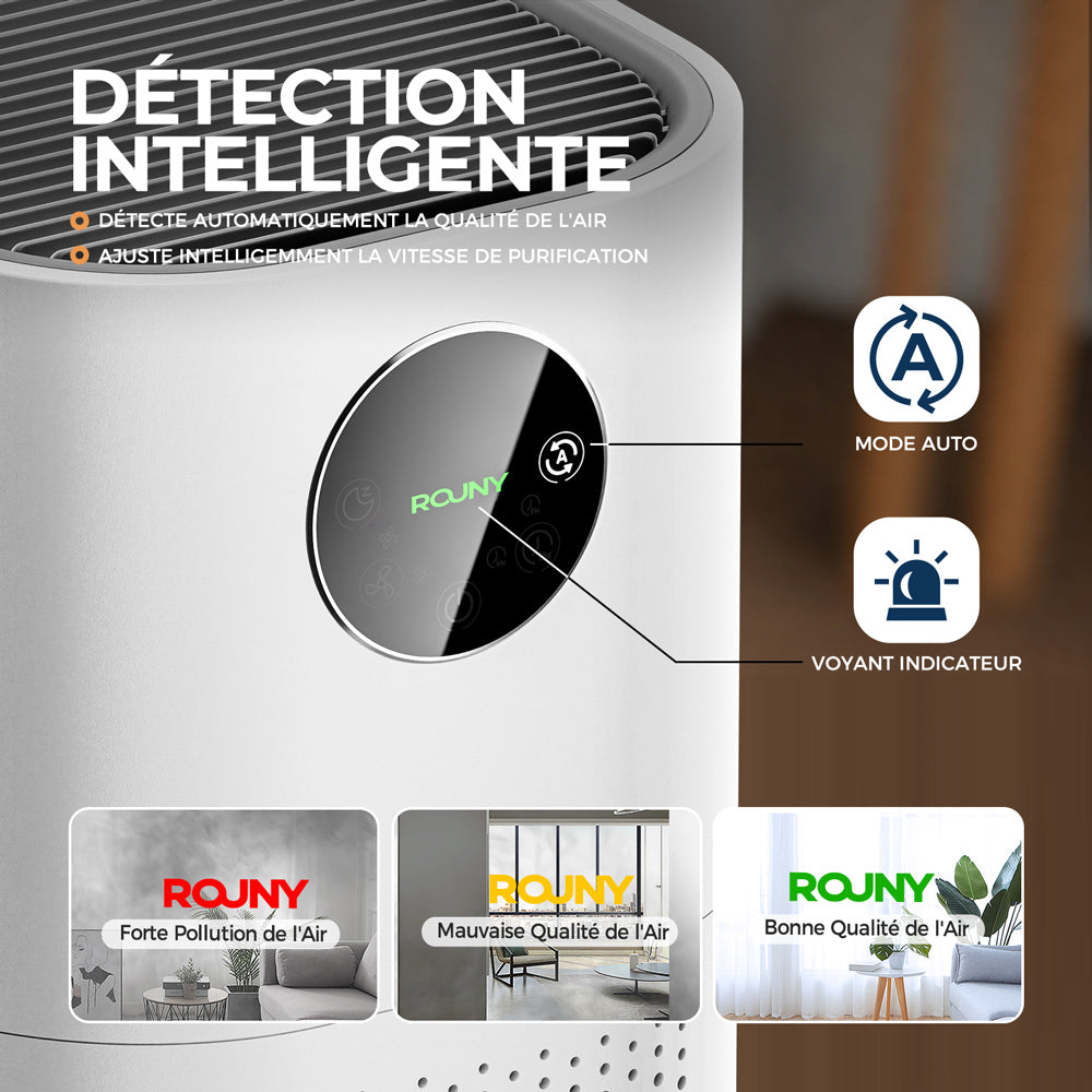 ROUNY Combo purificateur d'air et humidificateur 2-en-1, filtre HEPA H13, CADR 150 m³/h, couverture 20-50 m², mode veille ≤25 dB, affichage de la qualité de l'air