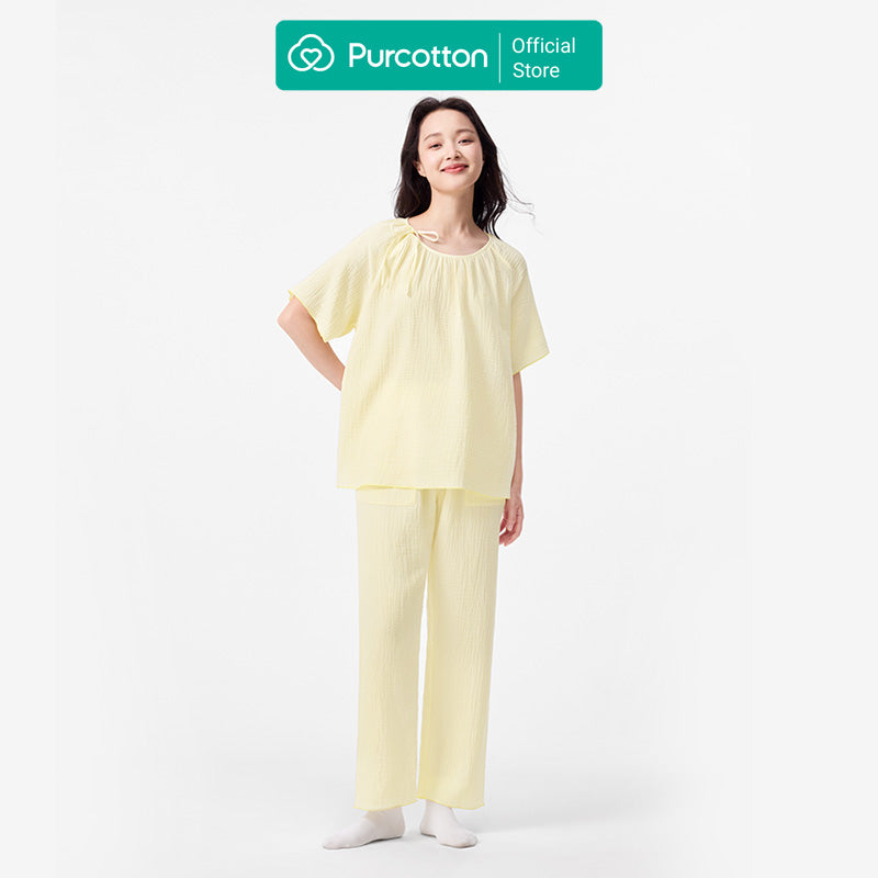 Purcotton Ensemble de loungewear en gaze Airysoft pour femme - Style pantalon long, respectueux de la peau, style reposant et décontracté - Jaune citron - Haut : 165/88A ; Bas : 165/72A