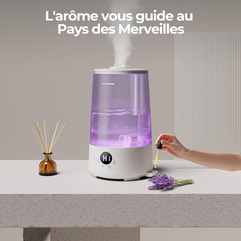 Homvana Humidificateur 3,6 L H101, Gris - Remplissage par le haut, Technologie de pulvérisation silencieuse, Brume fraîche 360°, Autonomie 34 h, Silencieux 16 dB, Sans BPA