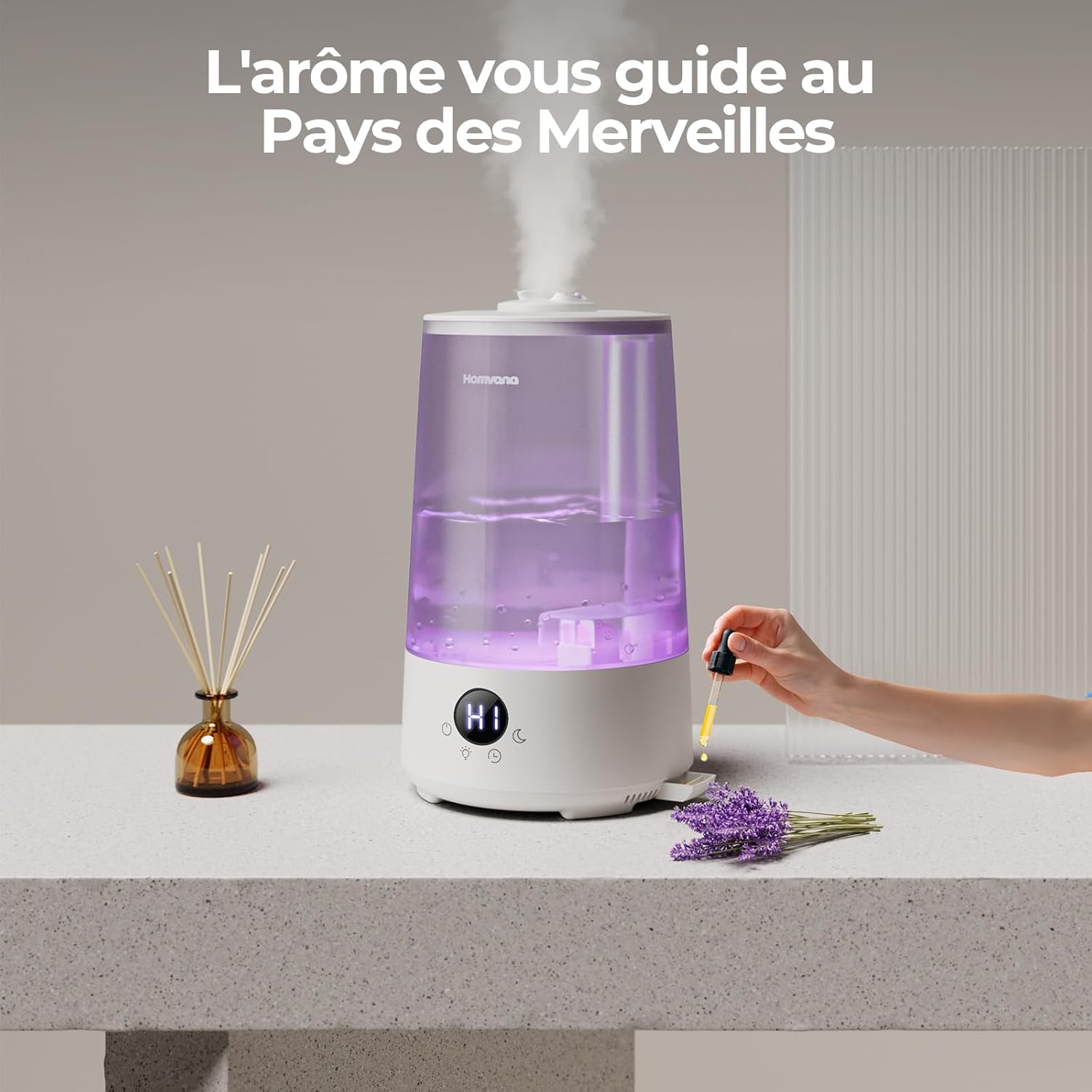 Homvana Humidificateur 3,6 L H101, Gris - Remplissage par le haut, Technologie de pulvérisation silencieuse, Brume fraîche 360°, Autonomie 34 h, Silencieux 16 dB, Sans BPA