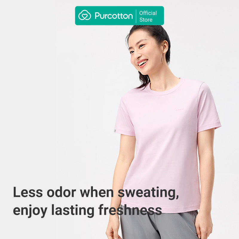 Purcotton T-shirt Femme Col Rond Antibactérien - Confortable & Doux Pour La Peau - Polyvalent & Basique - Commutation Quotidienne - Rose Eau - 165/88A
