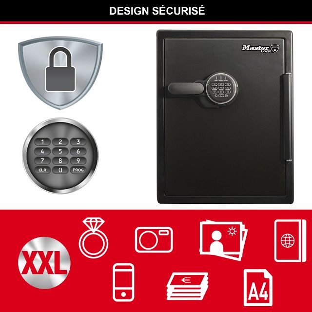 Master Lock Coffre-fort certifié résistant au feu et à l'eau, 56,5 L, 472 x 605 x 490 mm, système de combinaison numérique avec clavier rétroéclairé, pour la maison et les professionnels