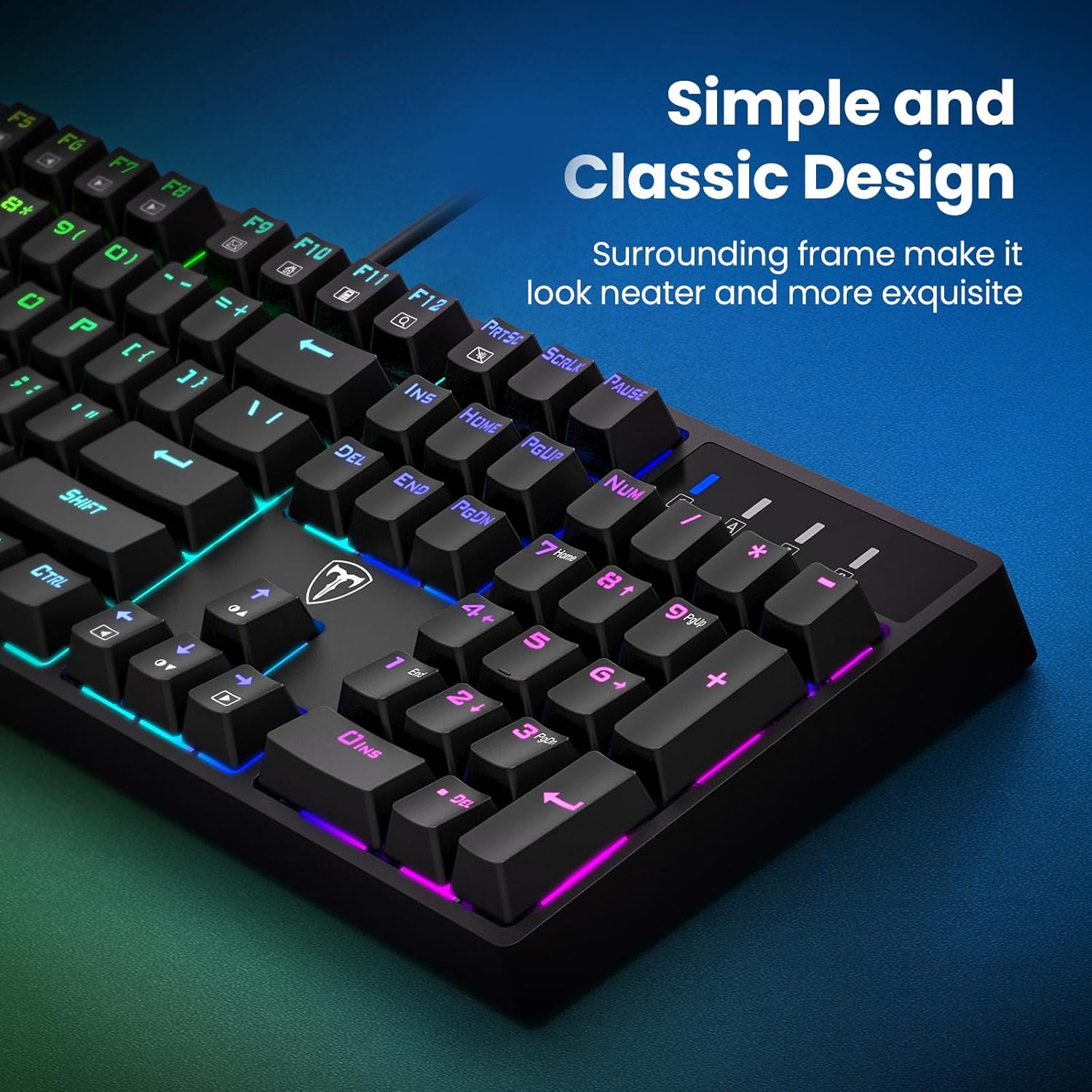 Clavier de jeu mécanique filaire 100 % ET, disposition QWERTY US, clavier filaire USB à interrupteurs bleus, 20 modes d'éclairage RVB, clavier complet à 104 touches