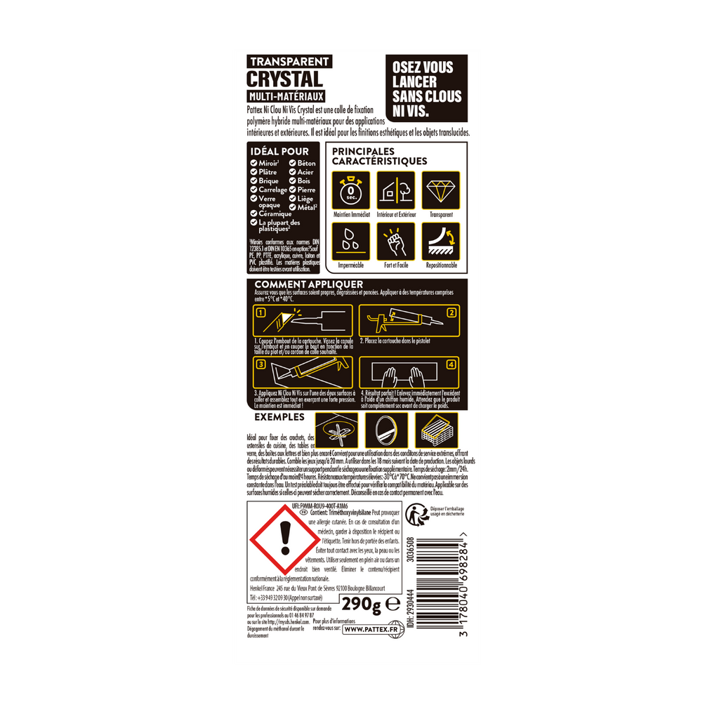 Pattex – Ni Clou Ni Vis Crystal (cartouche de 290 g) – Colle de fixation extra forte pour intérieur et extérieur – Mastic transparent multi-matériaux