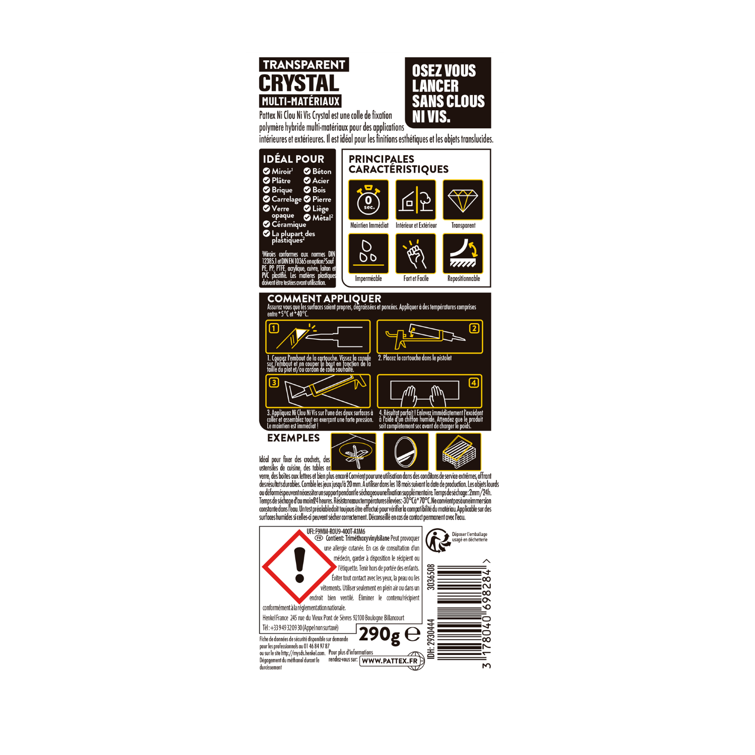 Pattex – Ni Clou Ni Vis Crystal (cartouche de 290 g) – Colle de fixation extra forte pour intérieur et extérieur – Mastic transparent multi-matériaux