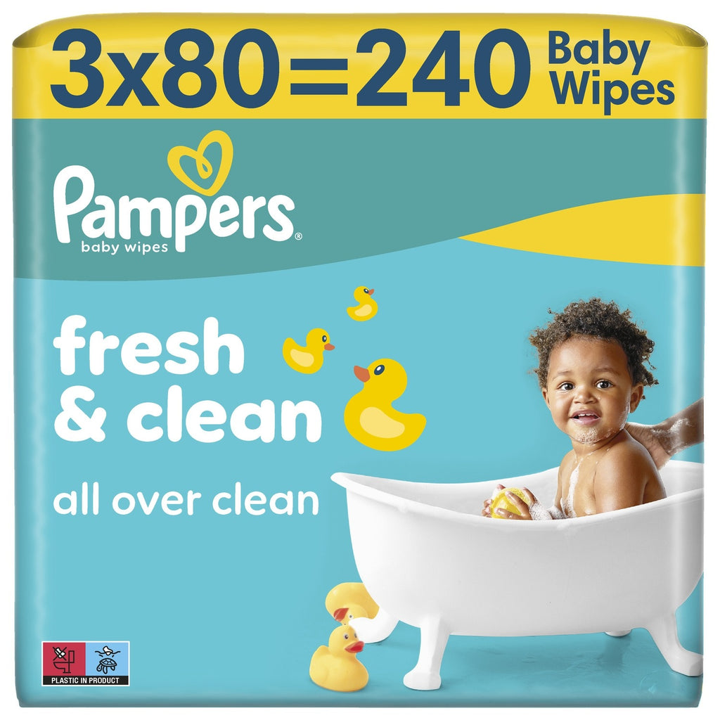 Pampers Fresh & Clean Lingettes pour Bébé, 3 Paquets De 80 Lingettes = 240 Lingettes, Une Toilette Complète