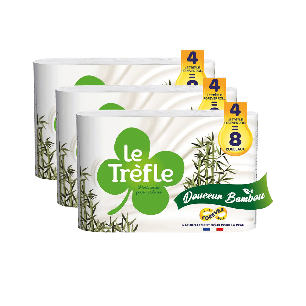 LE TRÈFLE Papier Toilette Mélange de Fibres de Bambou, 12 Rouleaux (Équivalent à 24 Rouleaux Standard) (3 Paquets de 4)