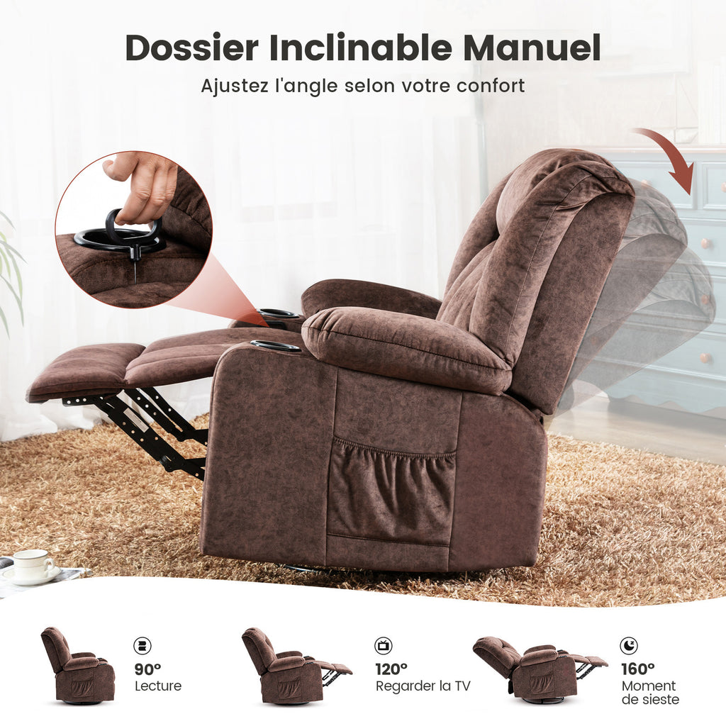 COMHOMA Chaise de relaxation manuelle pivotante pour adultes avec dossier réglable et repose-pieds, chaise de salon 361°, porte-gobelet, poches latérales, tissu doux, ergonomique, marron