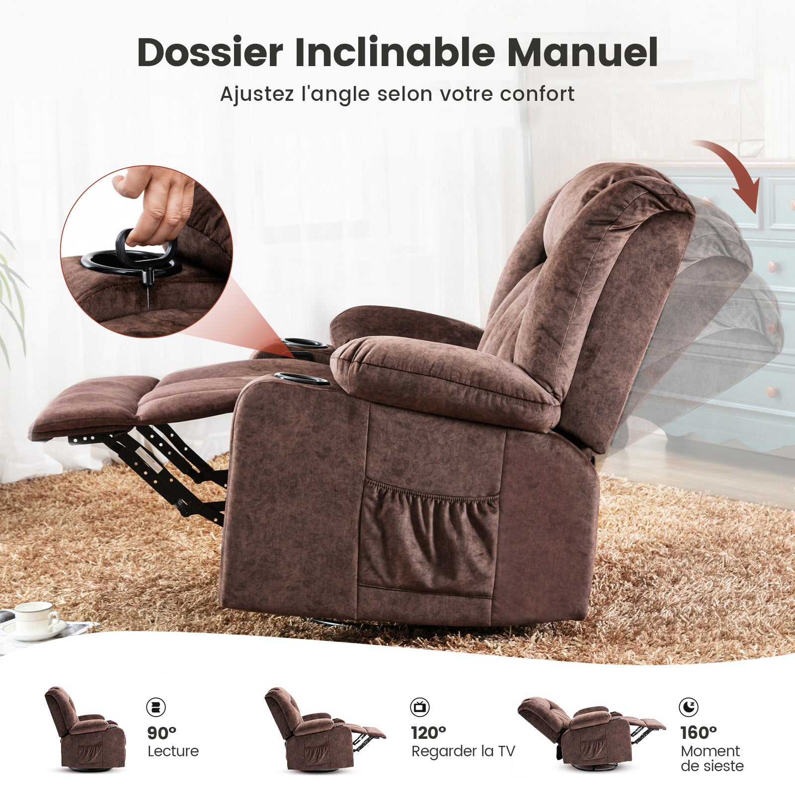 COMHOMA Chaise de relaxation manuelle pivotante pour adultes avec dossier réglable et repose-pieds, chaise de salon 361°, porte-gobelet, poches latérales, tissu doux, ergonomique, marron