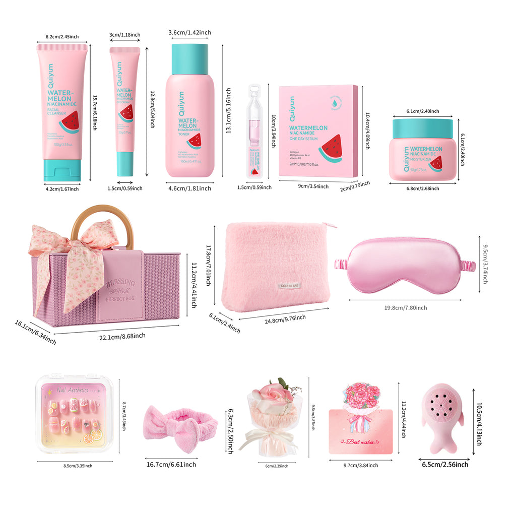 Quiyum Coffret de soins à la pastèque 12 pièces comprenant Nettoyant 100 g, Lotion tonique 160 ml, Sérum 2 ml × 10, Crème contour des yeux 20 g, Crème 50 g, Autocollants pour ongles