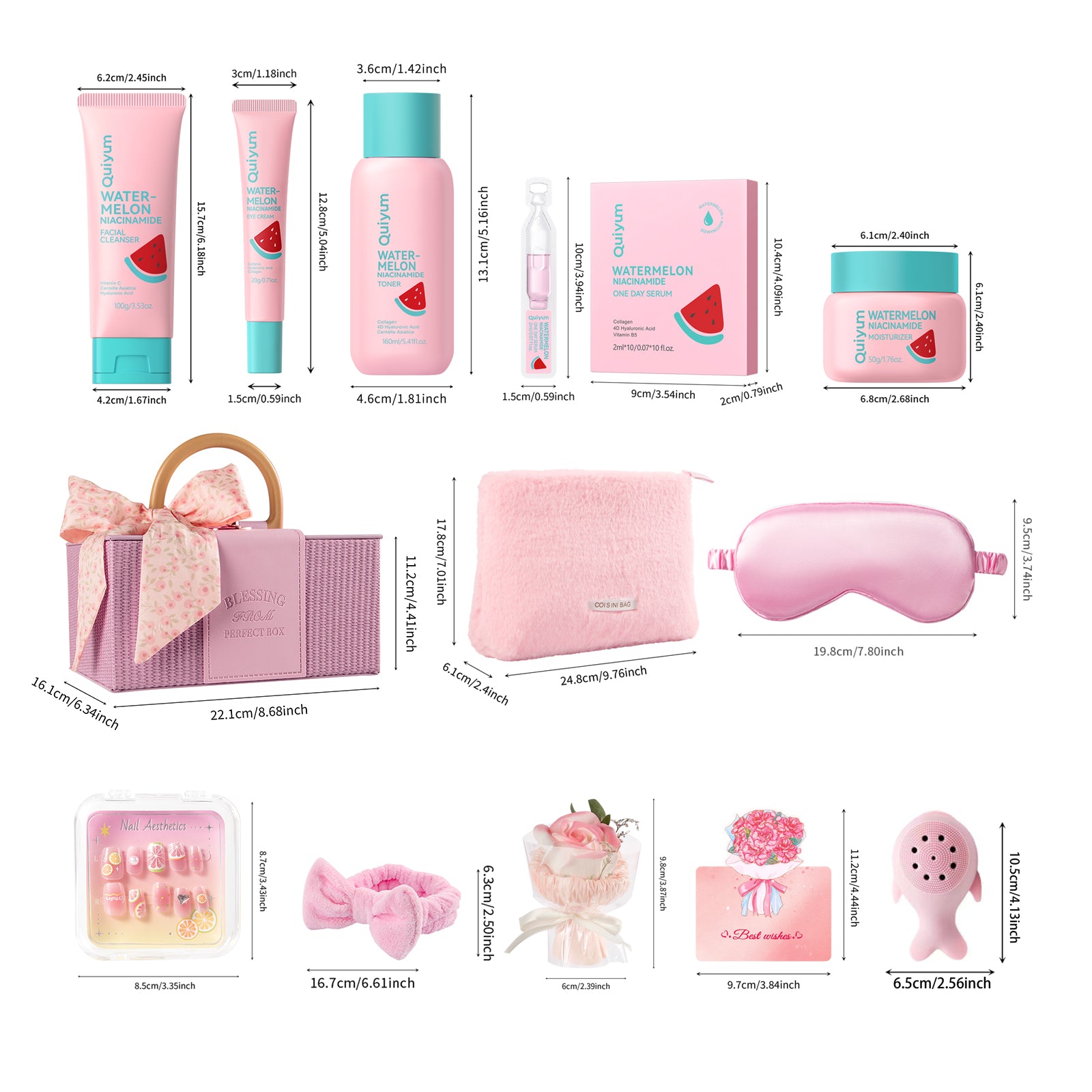 Quiyum Coffret de soins à la pastèque 12 pièces comprenant Nettoyant 100 g, Lotion tonique 160 ml, Sérum 2 ml × 10, Crème contour des yeux 20 g, Crème 50 g, Autocollants pour ongles