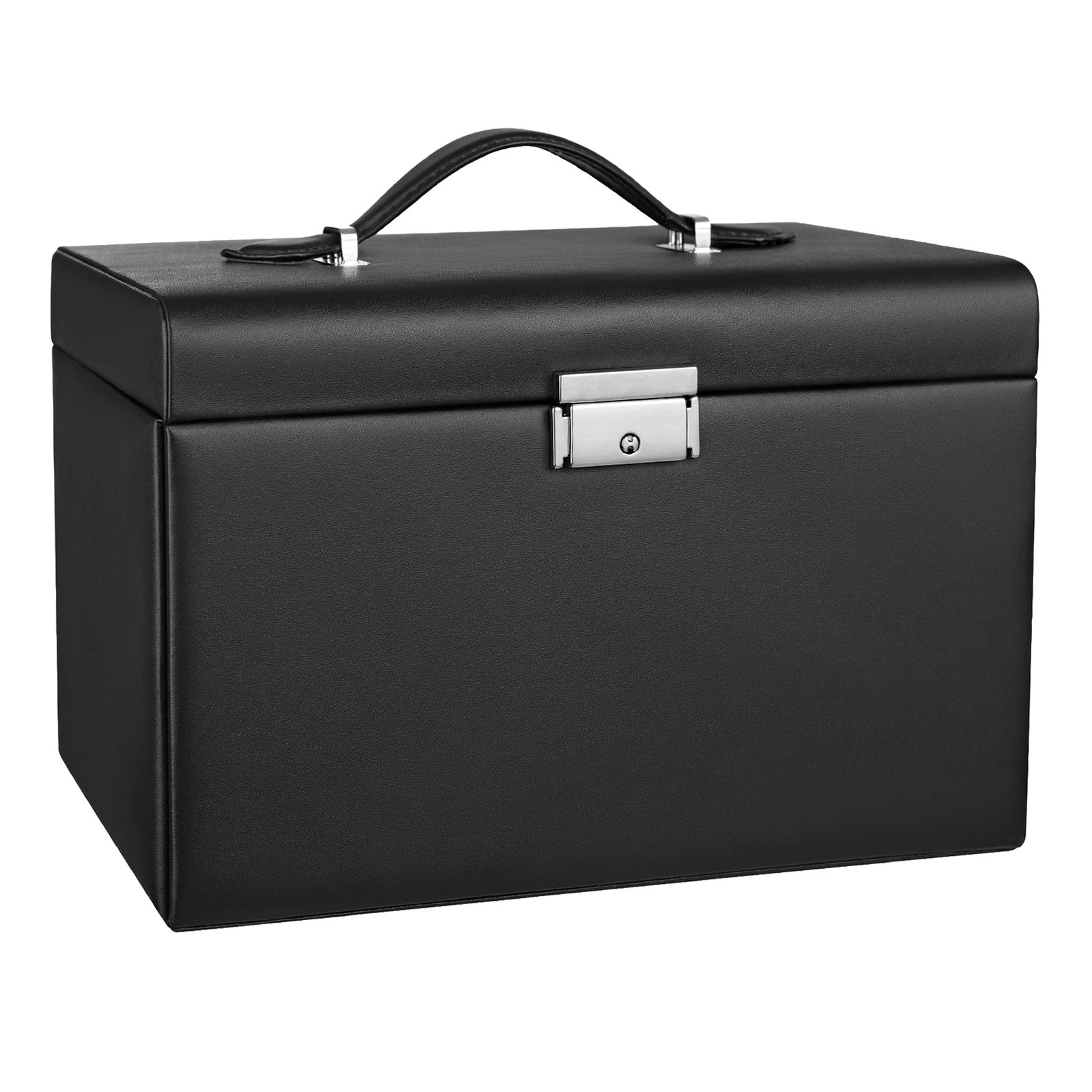 JOYFURNOS Boîte à bijoux 3 niveaux, Organisateur de bijoux avec 2 tiroirs, Étui à bijoux avec étui de voyage portable, Avec poignée, Verrouillable, Rangement pour bijoux, Cadeau pour les proches, Noir