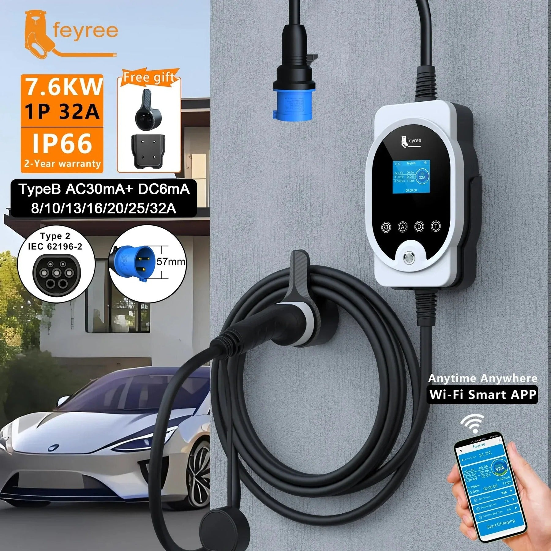 feyree Wallbox EVSE Type 2 7 KW 32 A monophasé - Charge rapide, contrôle et réglage de l’intensité et de la durée de charge via application Wi‑Fi pour voiture électrique