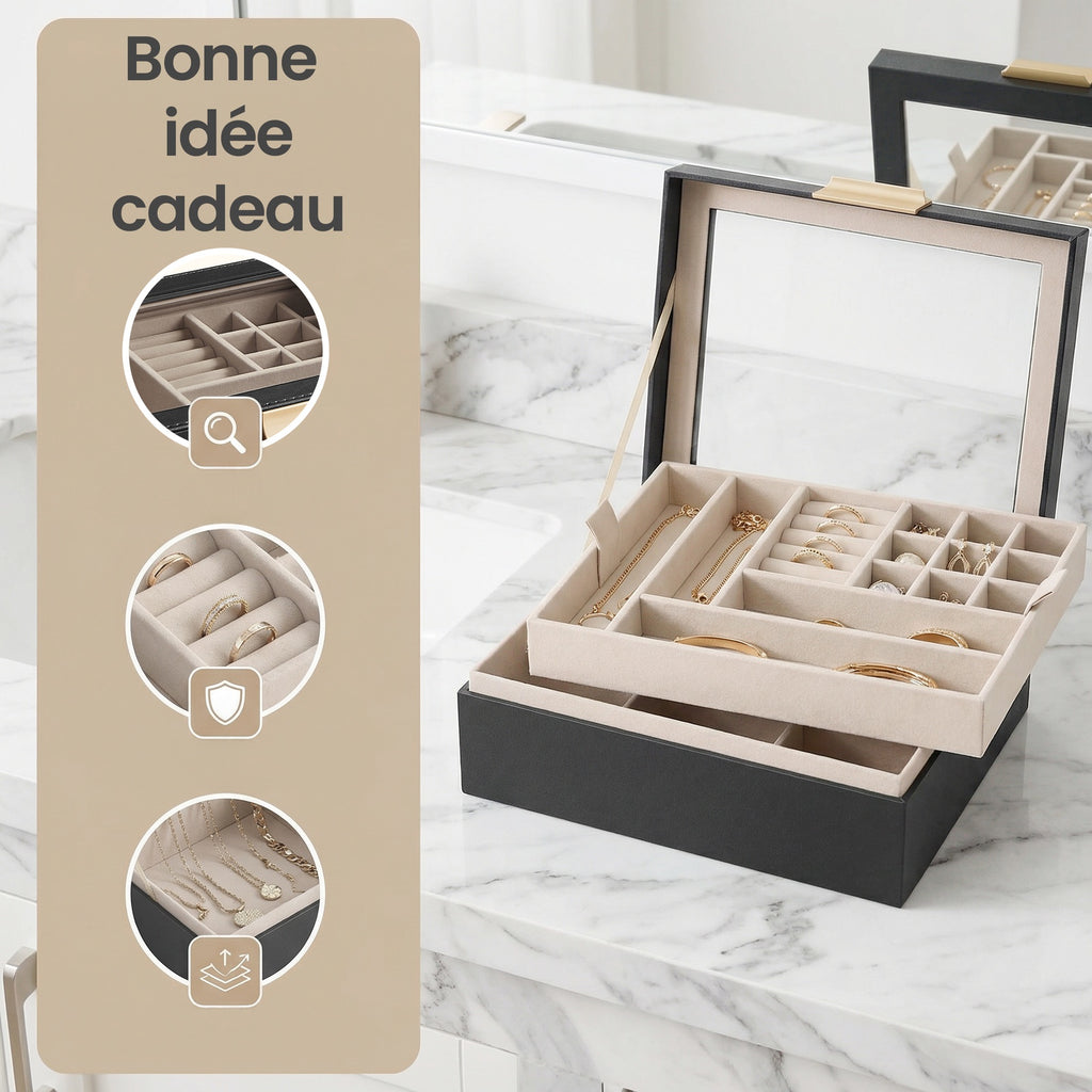 JOYFURNOS Boîte à Bijoux avec Couvercle en Verre, Organiseur à Bijoux 2 Niveaux avec Plateau Amovible, Rangement pour Bijoux, Style Moderne, Cadeau pour Vos Proches, Noir Graphite et Or Métallique