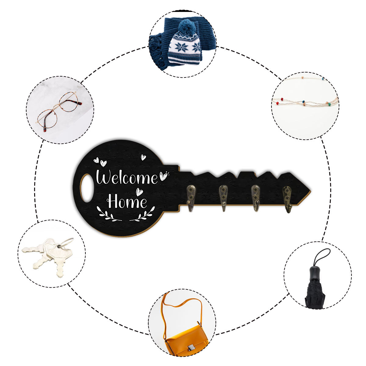 Alphynix Crochet mural en forme de clé « Welcome Home » avec 4 crochets en métal