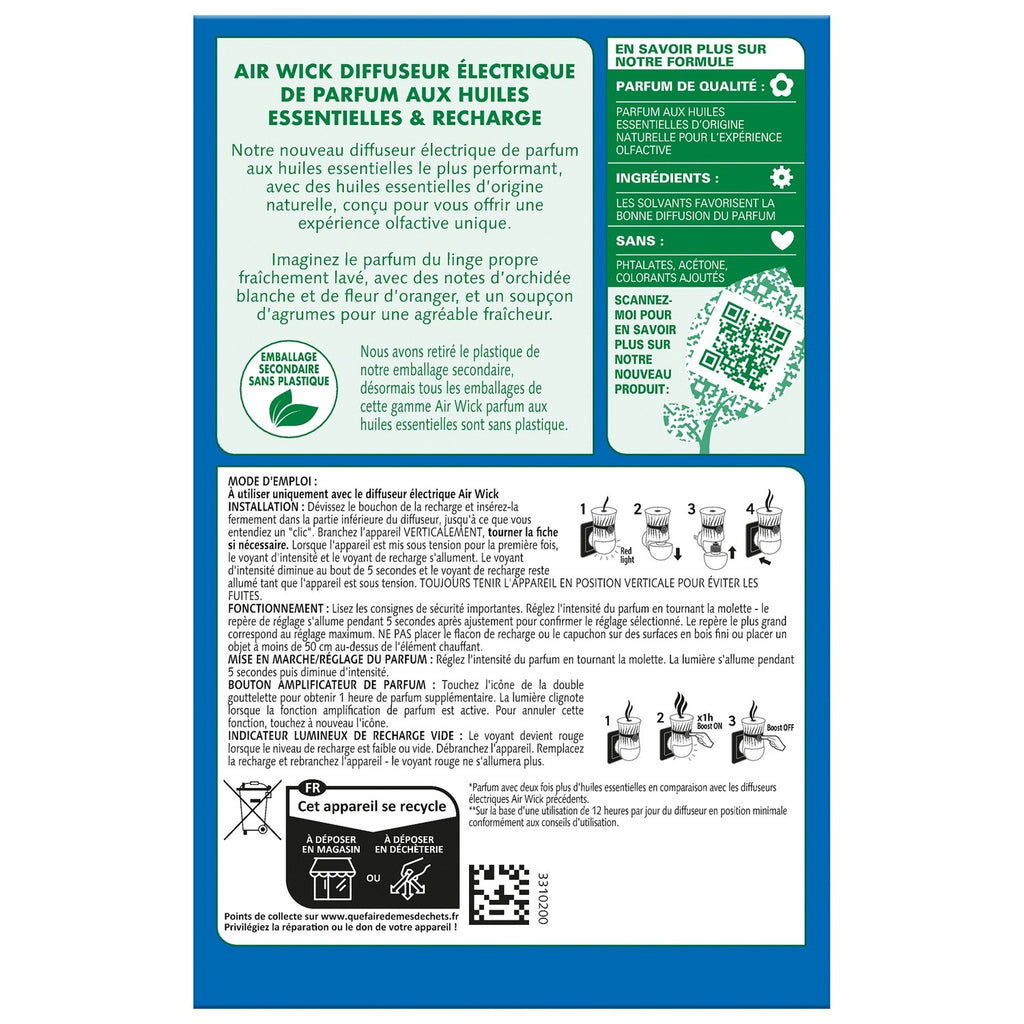 AIR WICK Diffuseur électrique désodorisant + recharge intensité réglable Fleur de Coton et Orchidée 19 ml