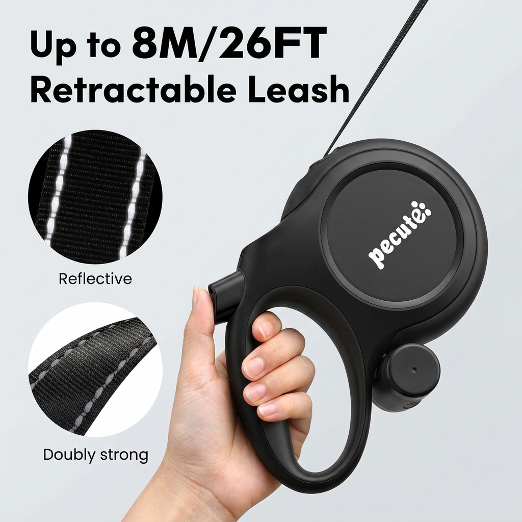 Pecute Série Instant-Control Laisse pour chien rétractable 8 m avec câble en acier anti-morsure 50 cm et distributeur de sacs à déjections - Noir