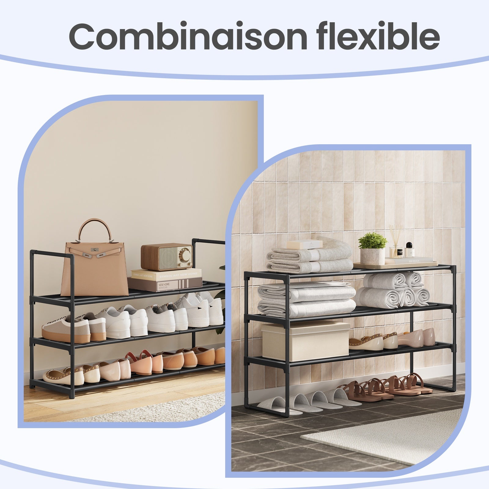 JOYFURNOS Étagère à chaussures en métal 3 niveaux noire – Étroite et empilable, 30 x 92 x 55 cm, Contient 16-20 paires – Organisateur peu encombrant pour entrée, placard ou salon