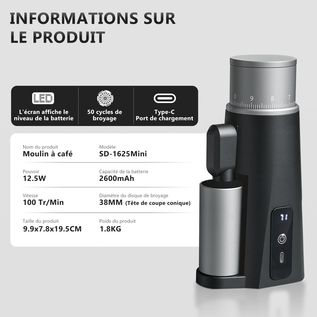 STARSEEKER EDGEmini Moulin à café électrique portable à meules coniques pour espresso et café filtre